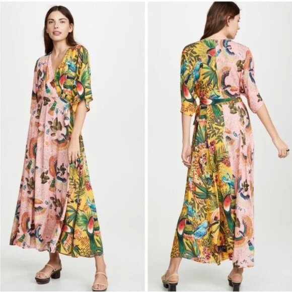 Womens Farm Rio Pink Multicolor (Item- 1) Birds in The Wild Wrap Maxi Dress S - Picture 2 of 16